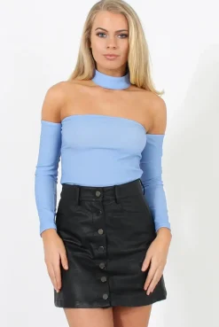 Rebellious Fashion Blue Bardot Choker Crop Top - Scarlett