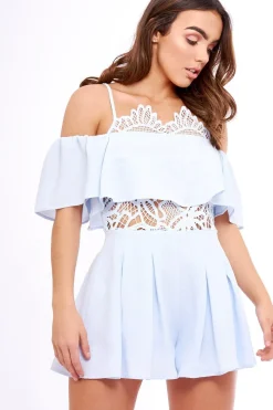 Rebellious Fashion Blue Bardot Crochet Frill Playsuit - Jenner