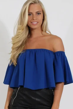 Rebellious Fashion Blue Bardot Crop Top - Bryony