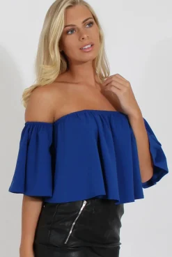 Rebellious Fashion Blue Bardot Crop Top - Bryony