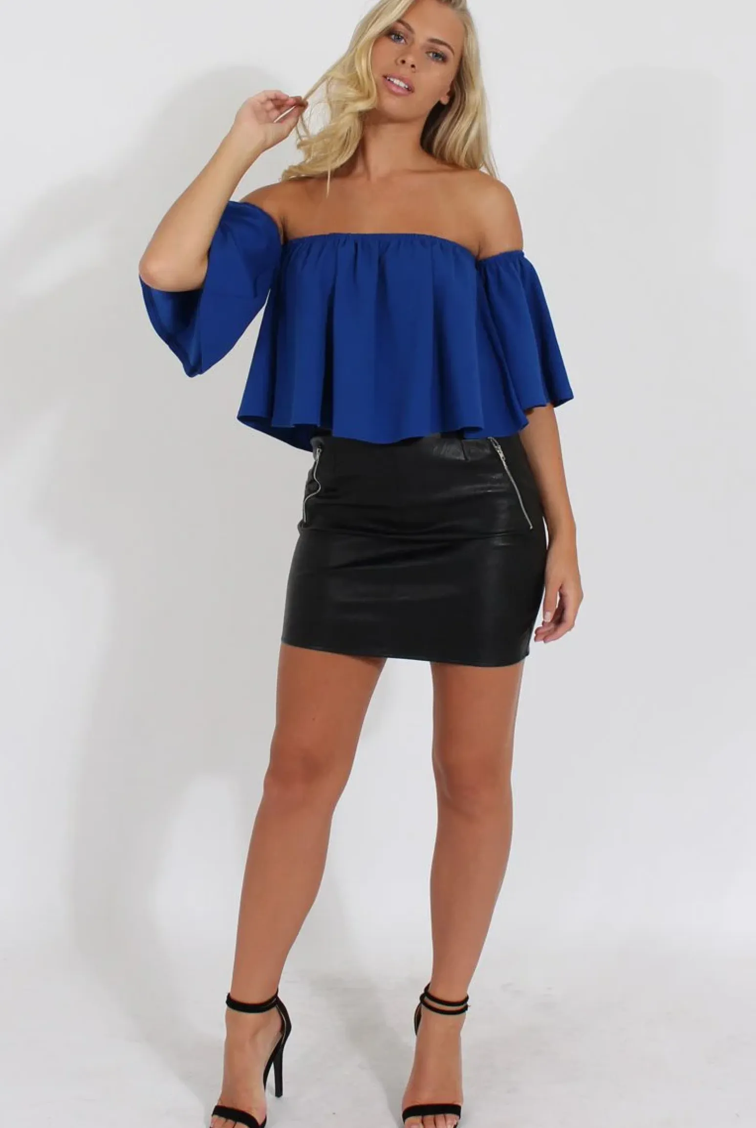 Rebellious Fashion Blue Bardot Crop Top - Bryony