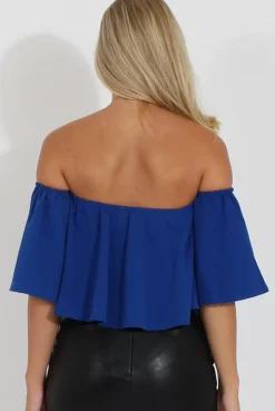 Rebellious Fashion Blue Bardot Crop Top - Bryony