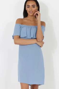 Rebellious Fashion Blue Bardot Frill Dress - Ophelia