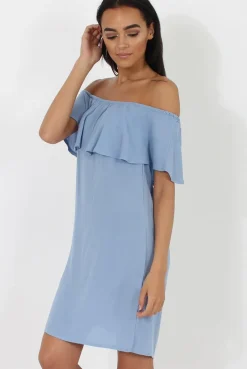 Rebellious Fashion Blue Bardot Frill Dress - Ophelia
