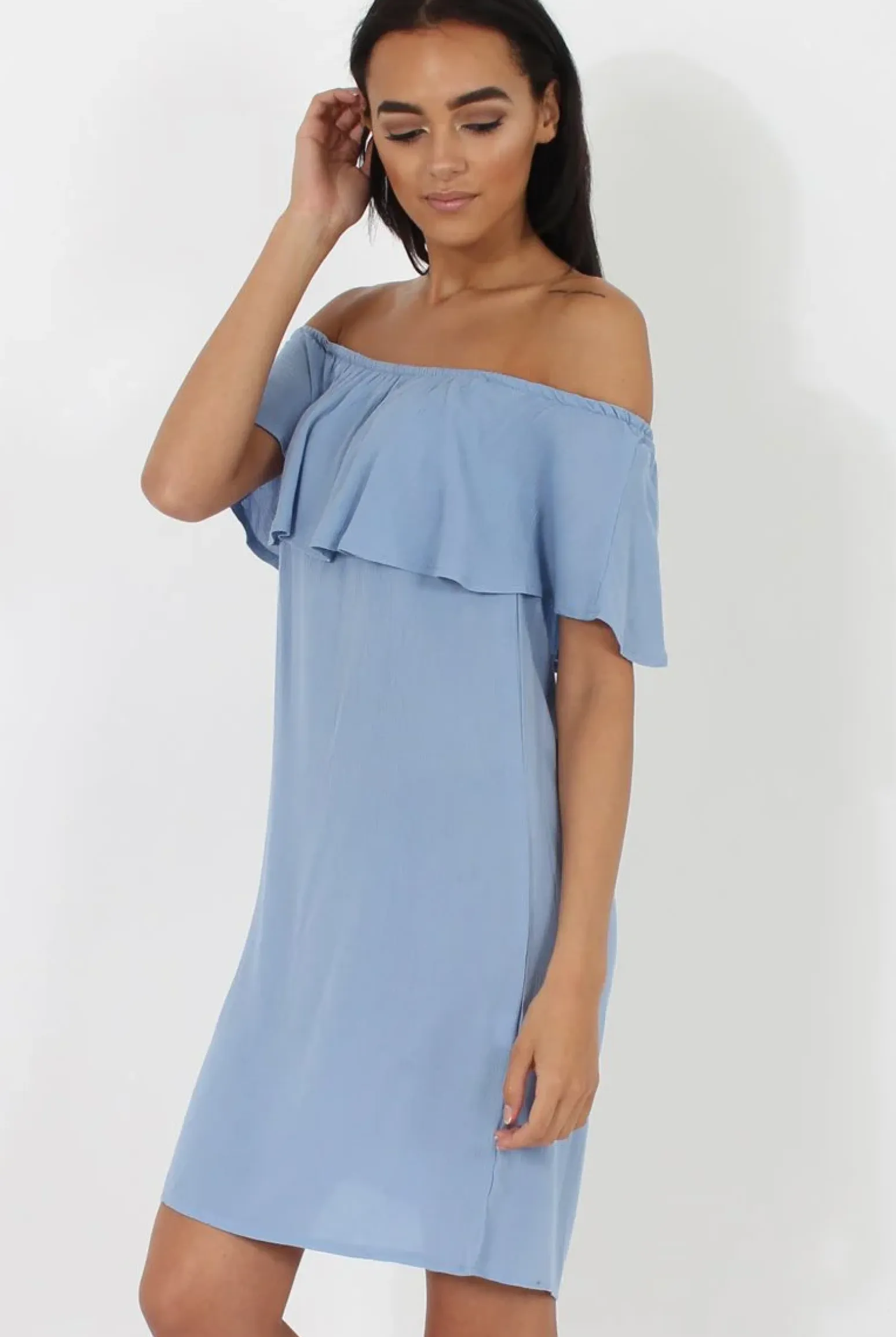 Rebellious Fashion Blue Bardot Frill Dress - Ophelia