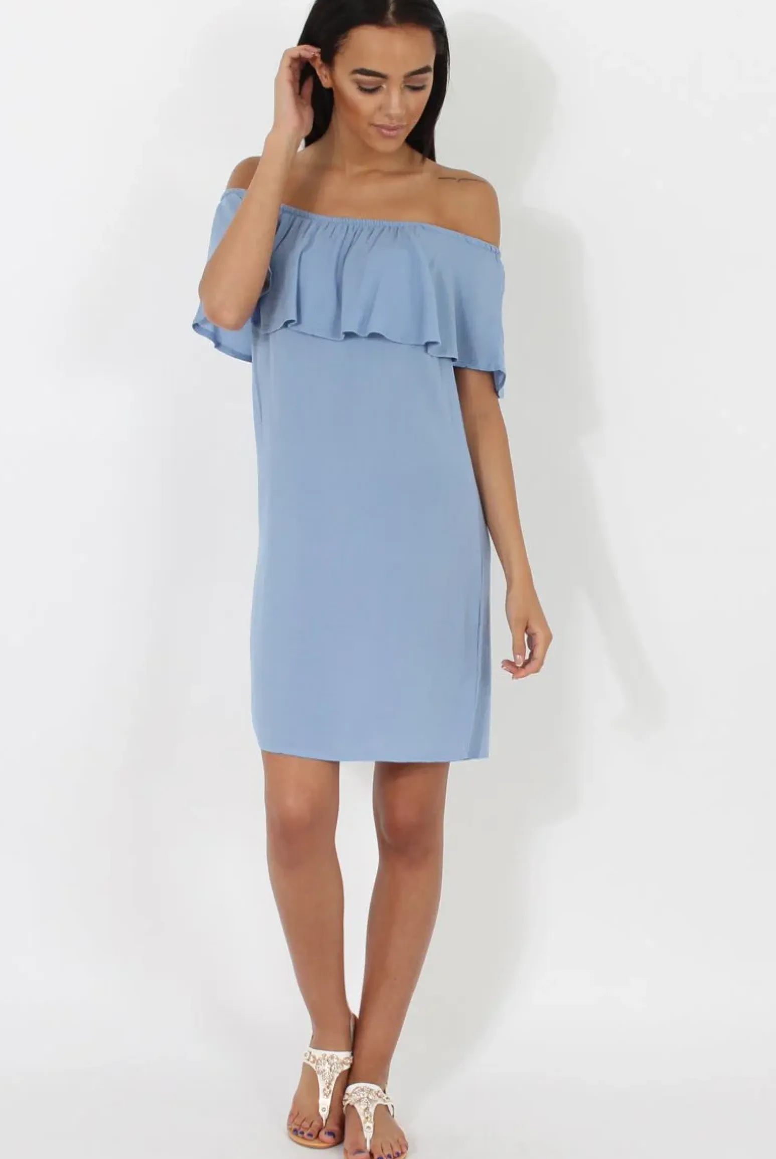 Rebellious Fashion Blue Bardot Frill Dress - Ophelia