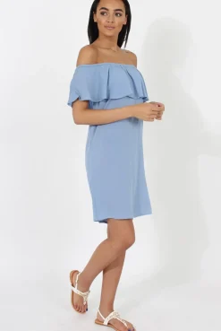 Rebellious Fashion Blue Bardot Frill Dress - Ophelia