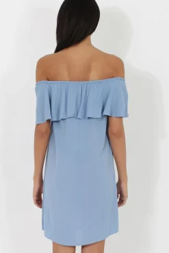 Rebellious Fashion Blue Bardot Frill Dress - Ophelia