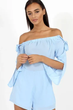 Rebellious Fashion Blue Bardot Tie Sleeve Playsuit - Elisa