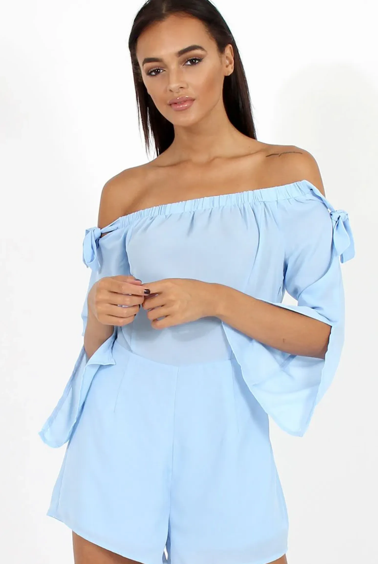 Rebellious Fashion Blue Bardot Tie Sleeve Playsuit - Elisa