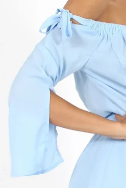 Rebellious Fashion Blue Bardot Tie Sleeve Playsuit - Elisa