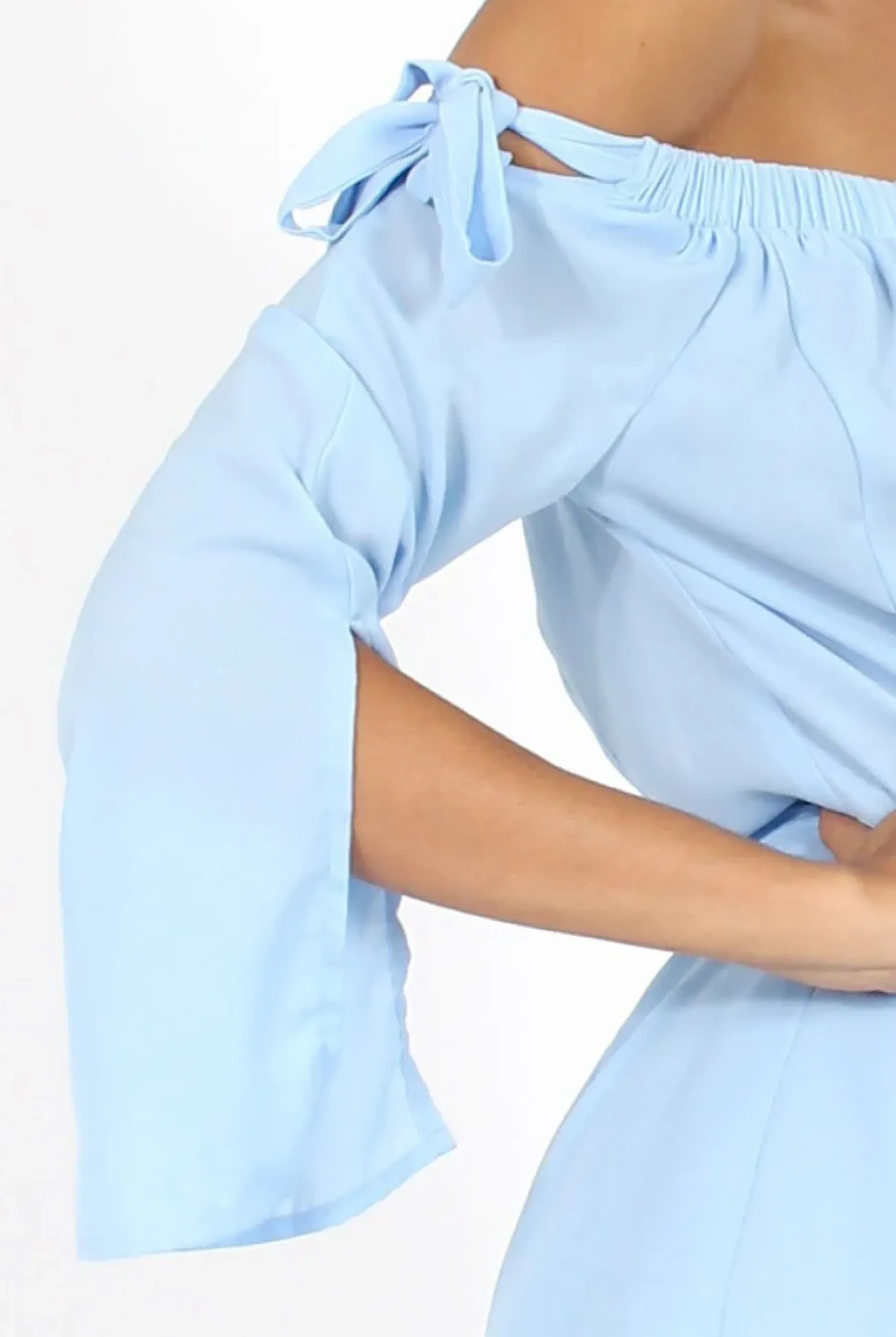 Rebellious Fashion Blue Bardot Tie Sleeve Playsuit - Elisa