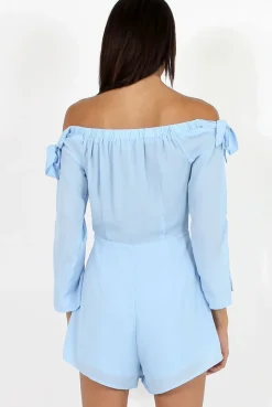 Rebellious Fashion Blue Bardot Tie Sleeve Playsuit - Elisa