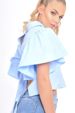 Rebellious Fashion Blue Bell Sleeve Open Back Shirt - Piper