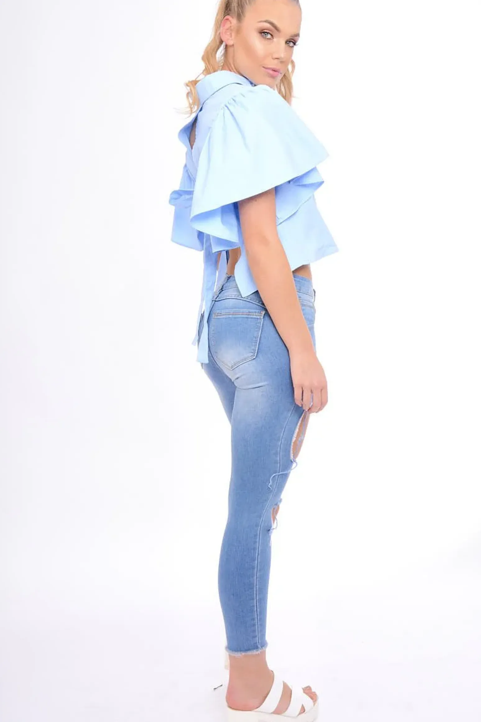 Rebellious Fashion Blue Bell Sleeve Open Back Shirt - Piper