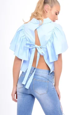 Rebellious Fashion Blue Bell Sleeve Open Back Shirt - Piper