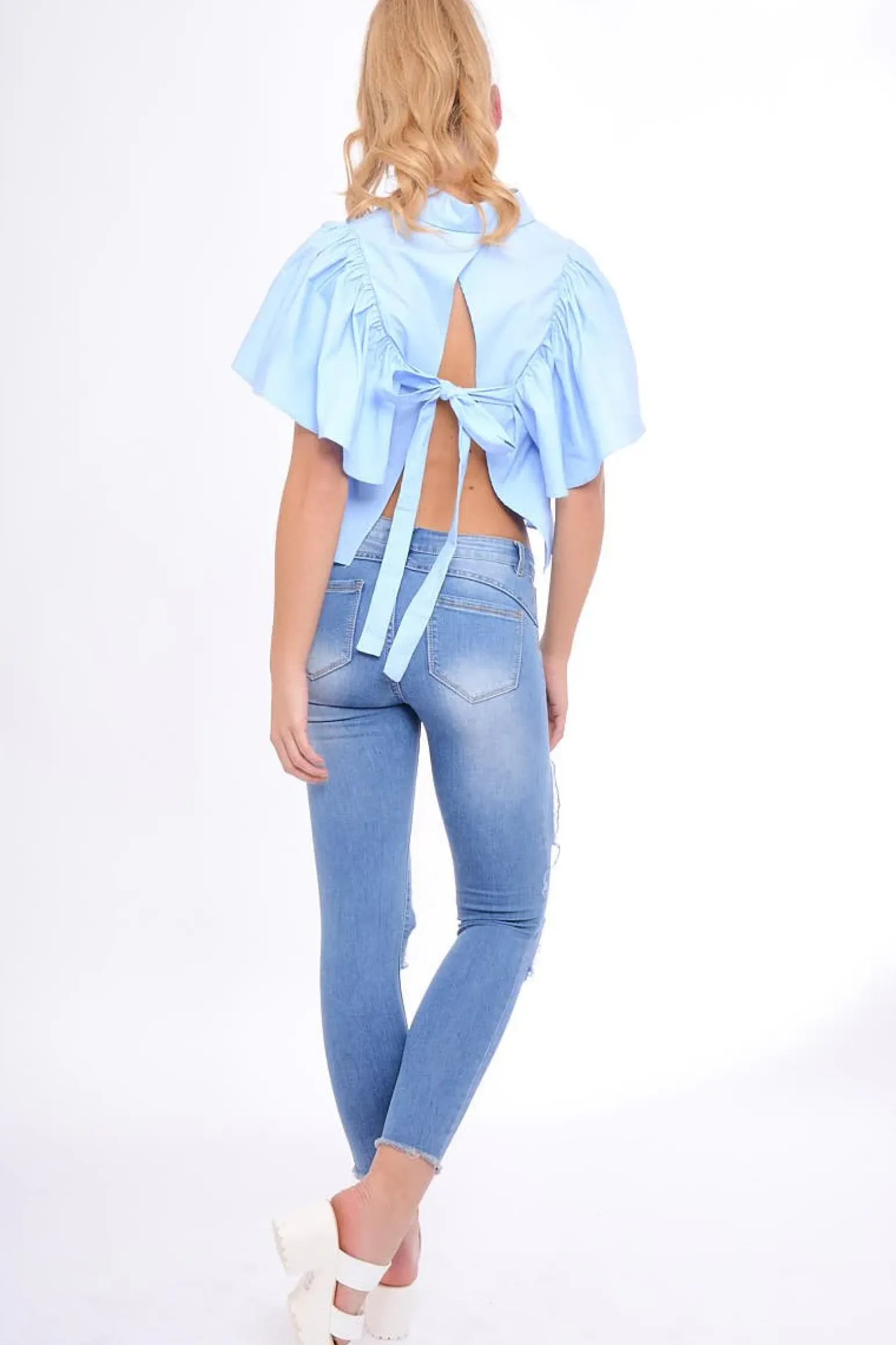 Rebellious Fashion Blue Bell Sleeve Open Back Shirt - Piper