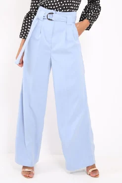 Rebellious Fashion Blue Belted High Waist Wide Leg Trousers - Elianny