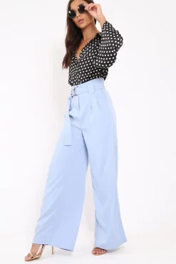 Rebellious Fashion Blue Belted High Waist Wide Leg Trousers - Elianny