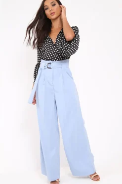 Rebellious Fashion Blue Belted High Waist Wide Leg Trousers - Elianny