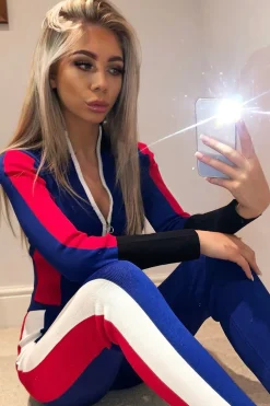 Rebellious Fashion Blue Black Red Striped Tracksuit - Greylynn