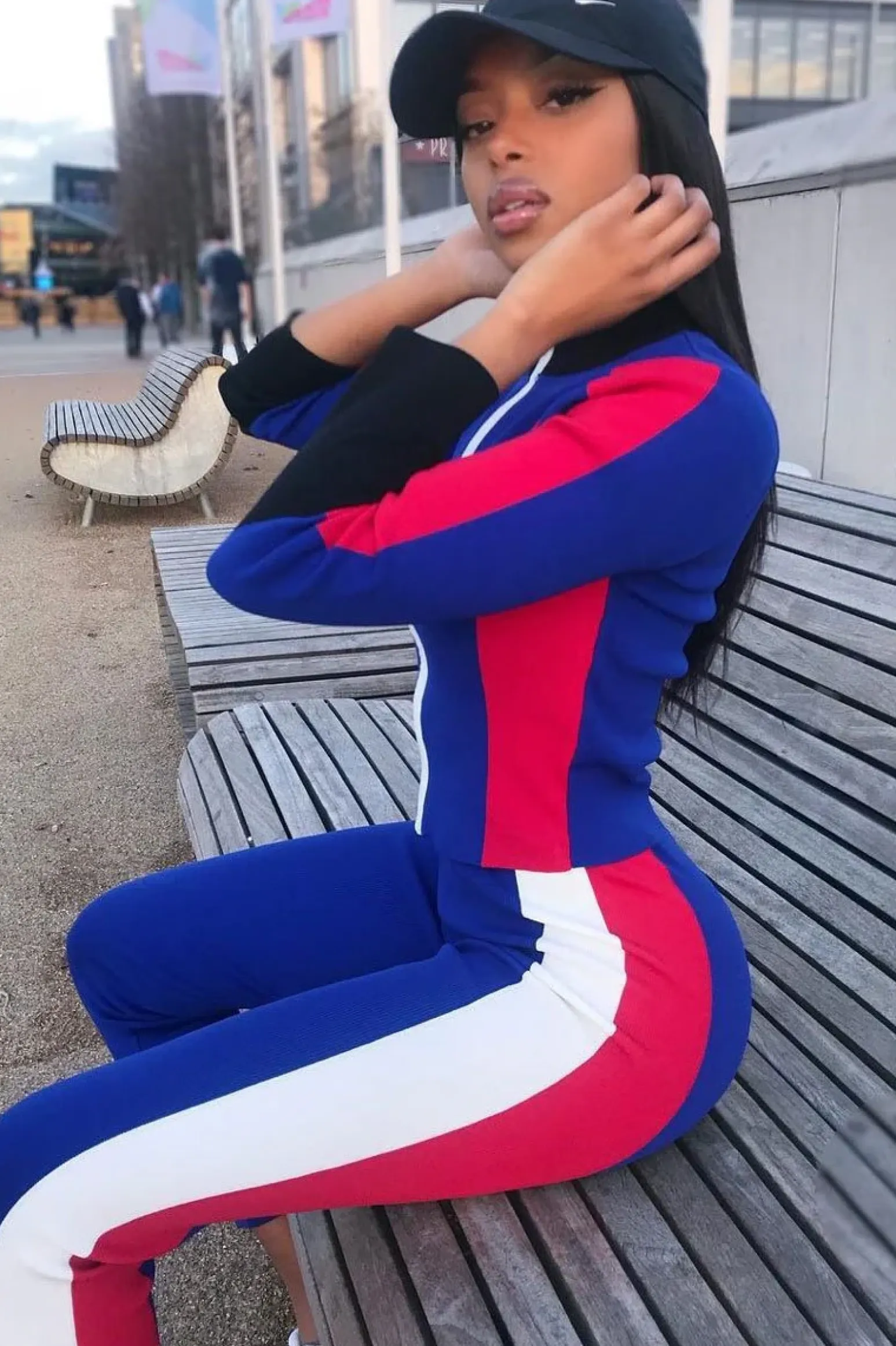 Rebellious Fashion Blue Black Red Striped Tracksuit - Greylynn