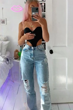 Rebellious Fashion Blue Bleach Washed Distressed Straight Leg Jeans - Holly