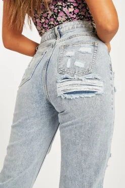 Rebellious Fashion Blue Bleach Washed Distressed Straight Leg Jeans - Holly