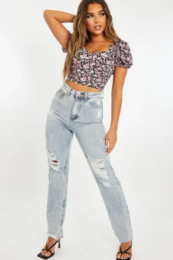 Rebellious Fashion Blue Bleach Washed Distressed Straight Leg Jeans - Holly