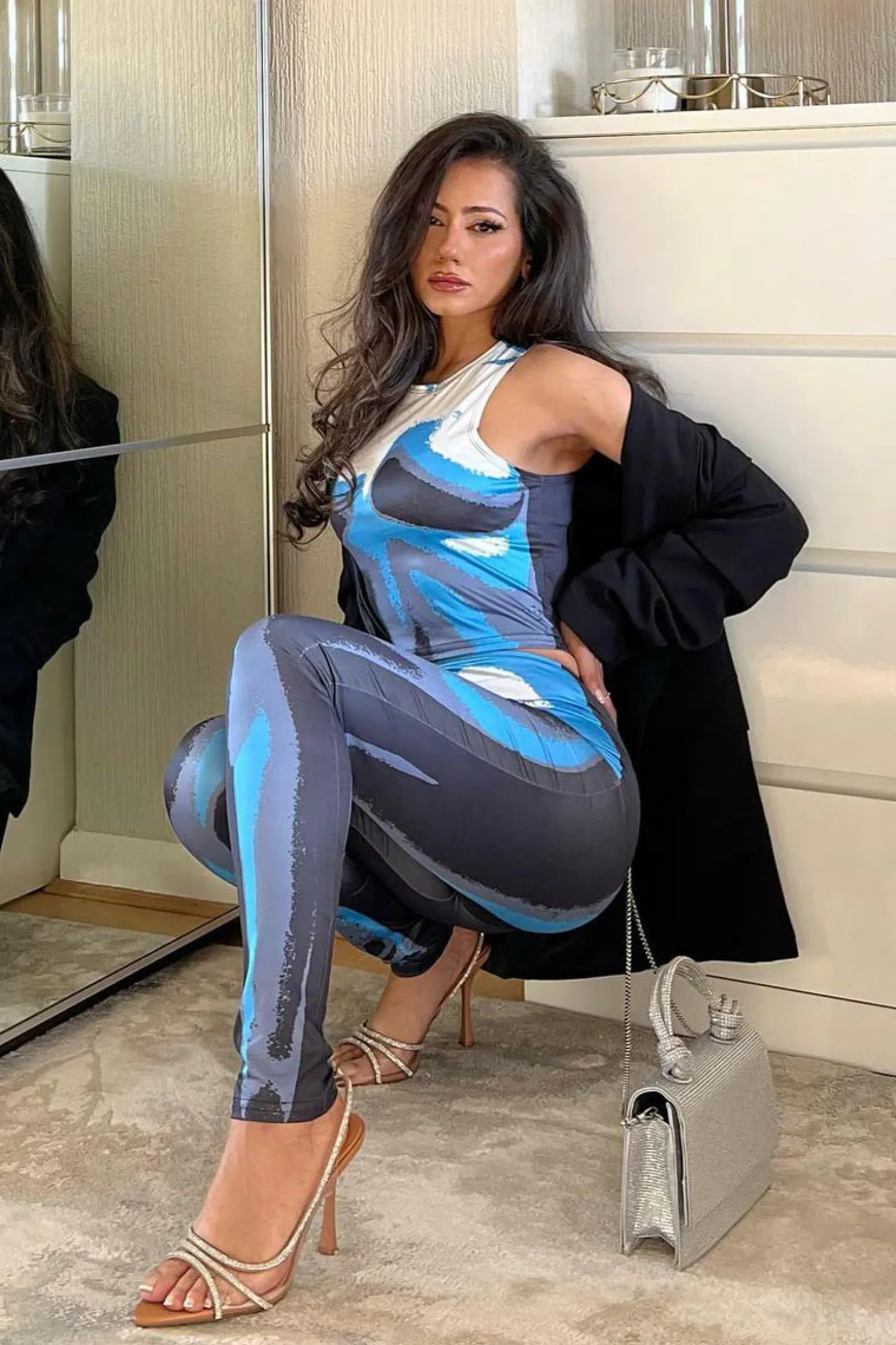 Rebellious Fashion Blue Body Print Cropped Top & Leggings Set - Sumi