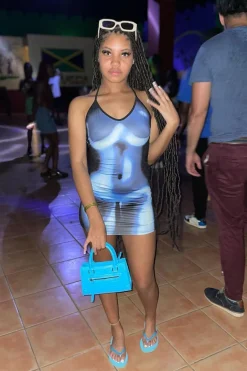 Rebellious Fashion Blue Body Print Halter Neck Mini Dress - Suki