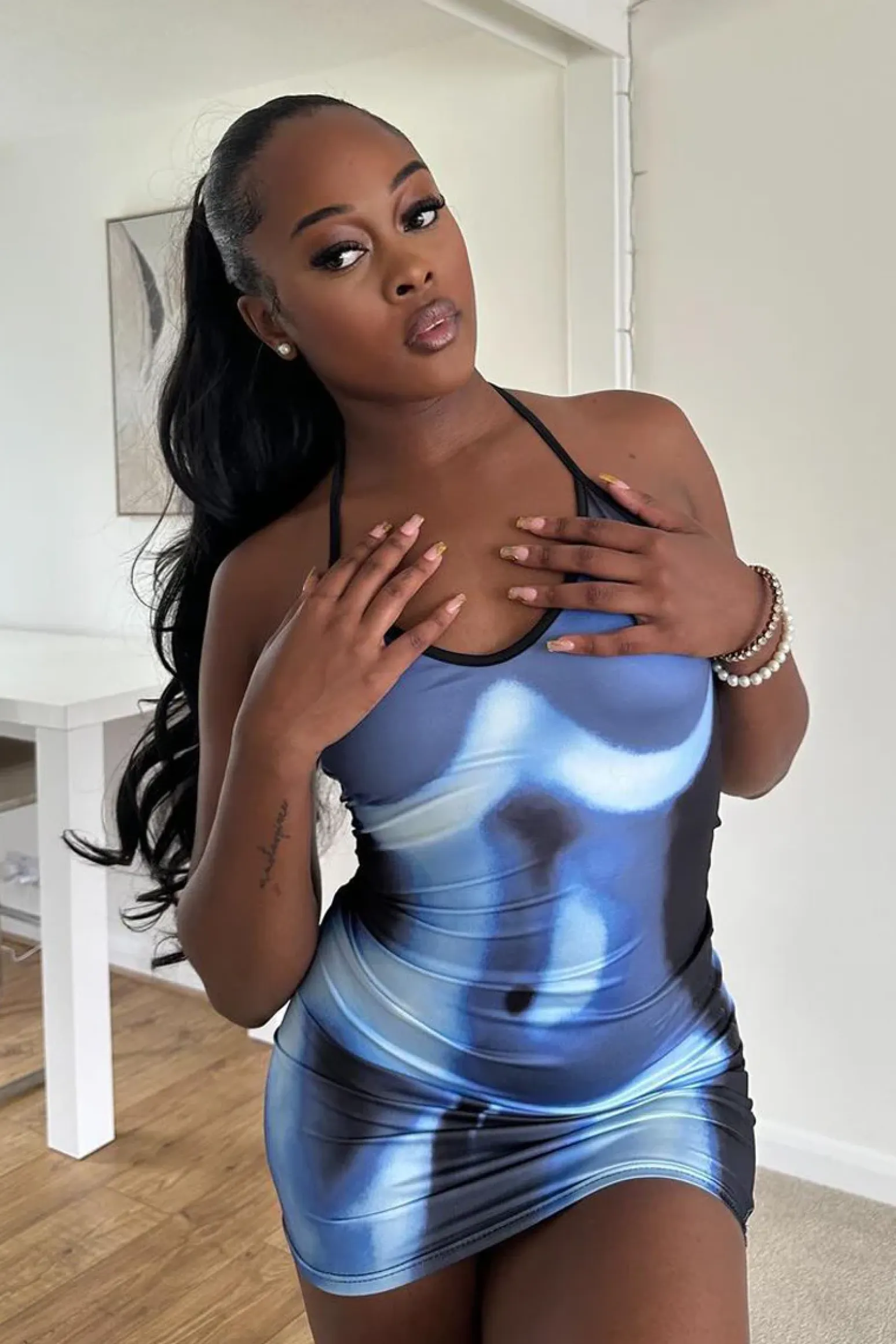 Rebellious Fashion Blue Body Print Halter Neck Mini Dress - Suki