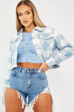 Rebellious Fashion Blue Brushed Checked Cropped Shacket - Carina