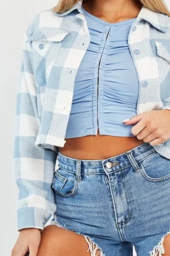 Rebellious Fashion Blue Brushed Checked Cropped Shacket - Carina