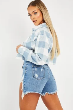 Rebellious Fashion Blue Brushed Checked Cropped Shacket - Carina