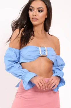 Rebellious Fashion Blue Buckle Front Extreme Bardot Crop Top - Theora