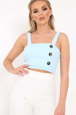 Rebellious Fashion Blue Button Detail Crop Top - Amory