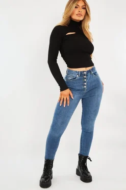Rebellious Fashion Blue Button Fly Skinny Jeans - Ellah