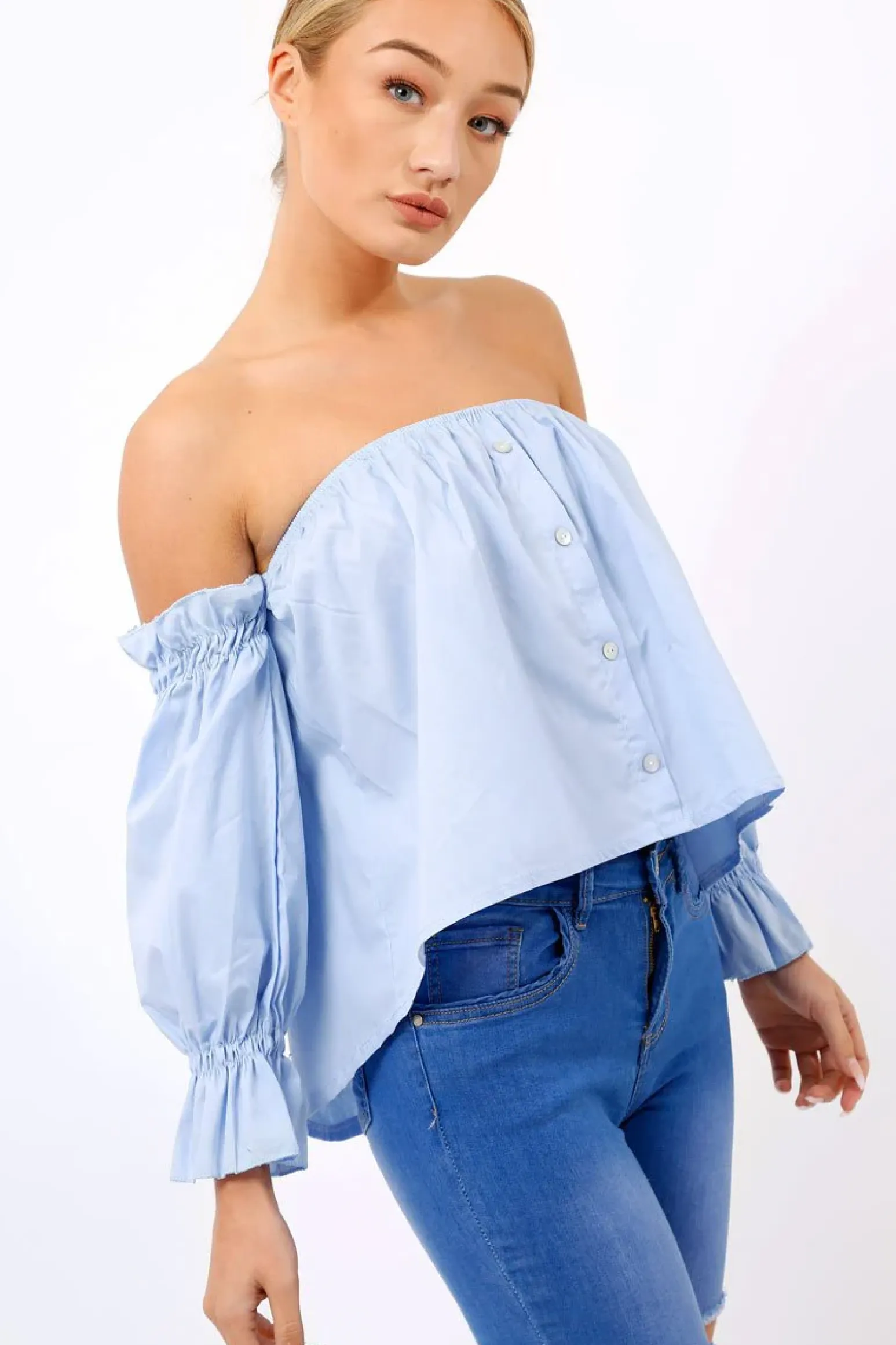 Rebellious Fashion Blue Button Up Bardot Crop Top - LuLu