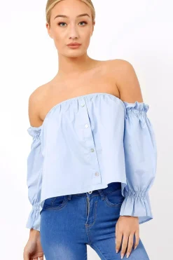 Rebellious Fashion Blue Button Up Bardot Crop Top - LuLu