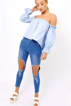 Rebellious Fashion Blue Button Up Bardot Crop Top - LuLu