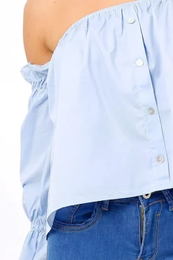 Rebellious Fashion Blue Button Up Bardot Crop Top - LuLu
