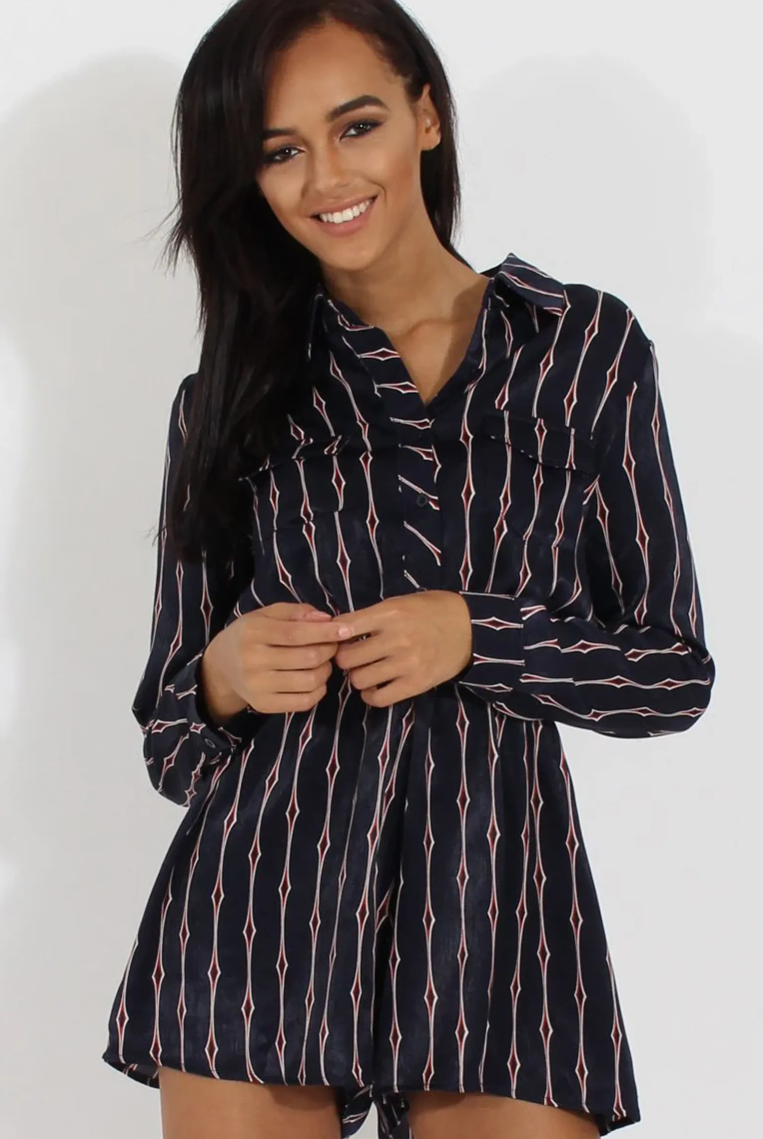 Rebellious Fashion Blue Button Up Diamond Pattern Playsuit - Jessica