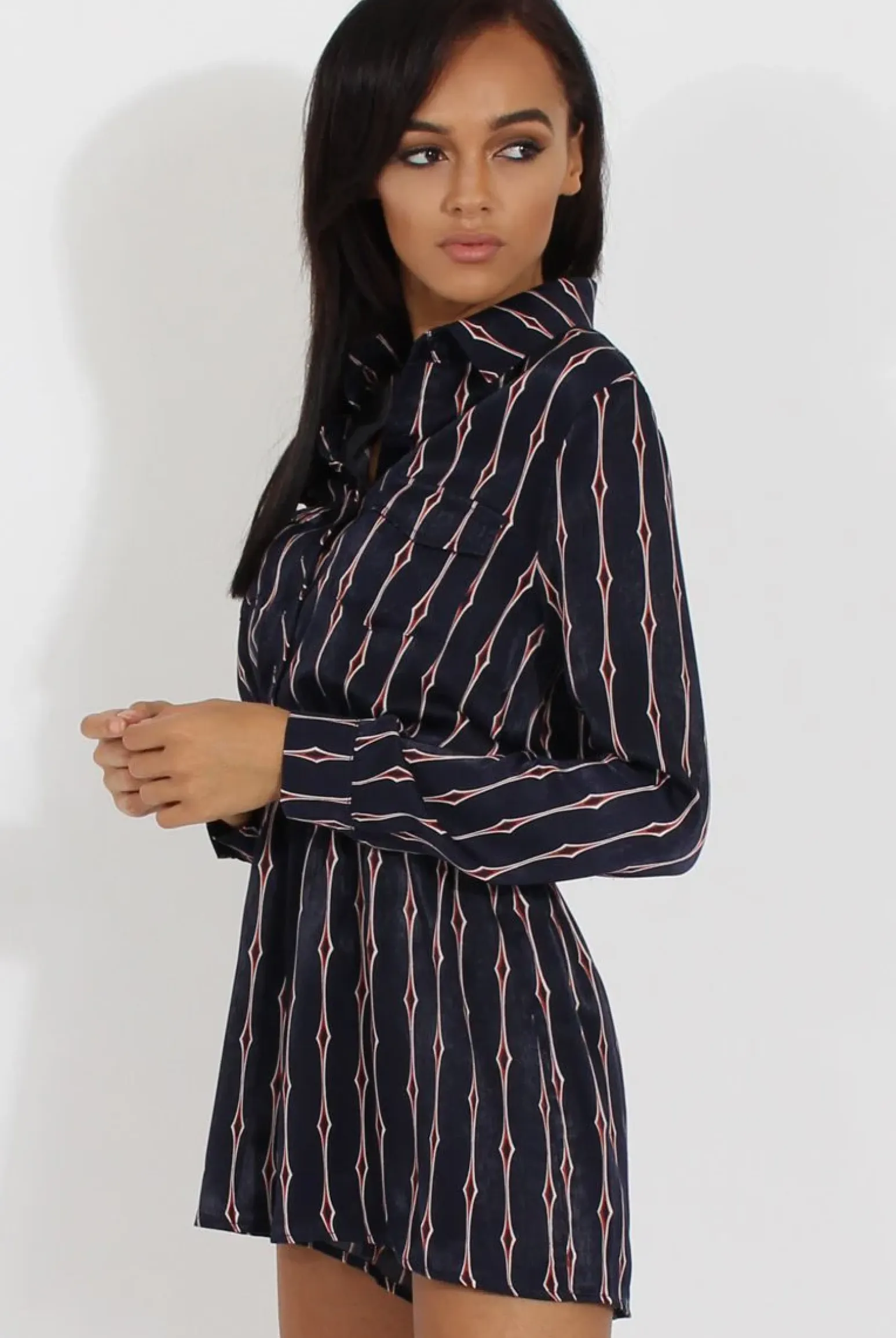Rebellious Fashion Blue Button Up Diamond Pattern Playsuit - Jessica