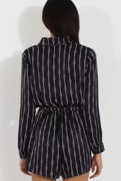 Rebellious Fashion Blue Button Up Diamond Pattern Playsuit - Jessica