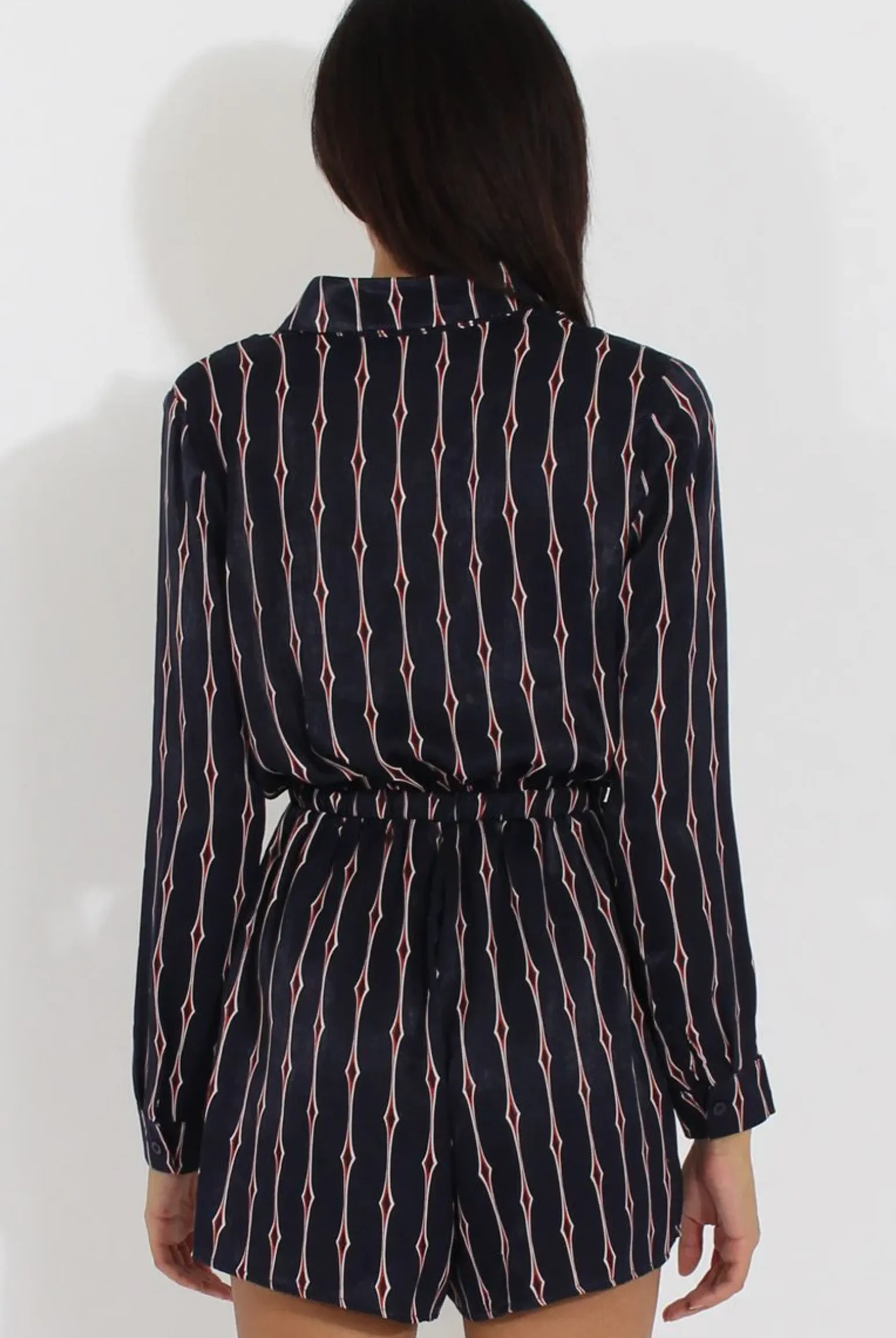 Rebellious Fashion Blue Button Up Diamond Pattern Playsuit - Jessica