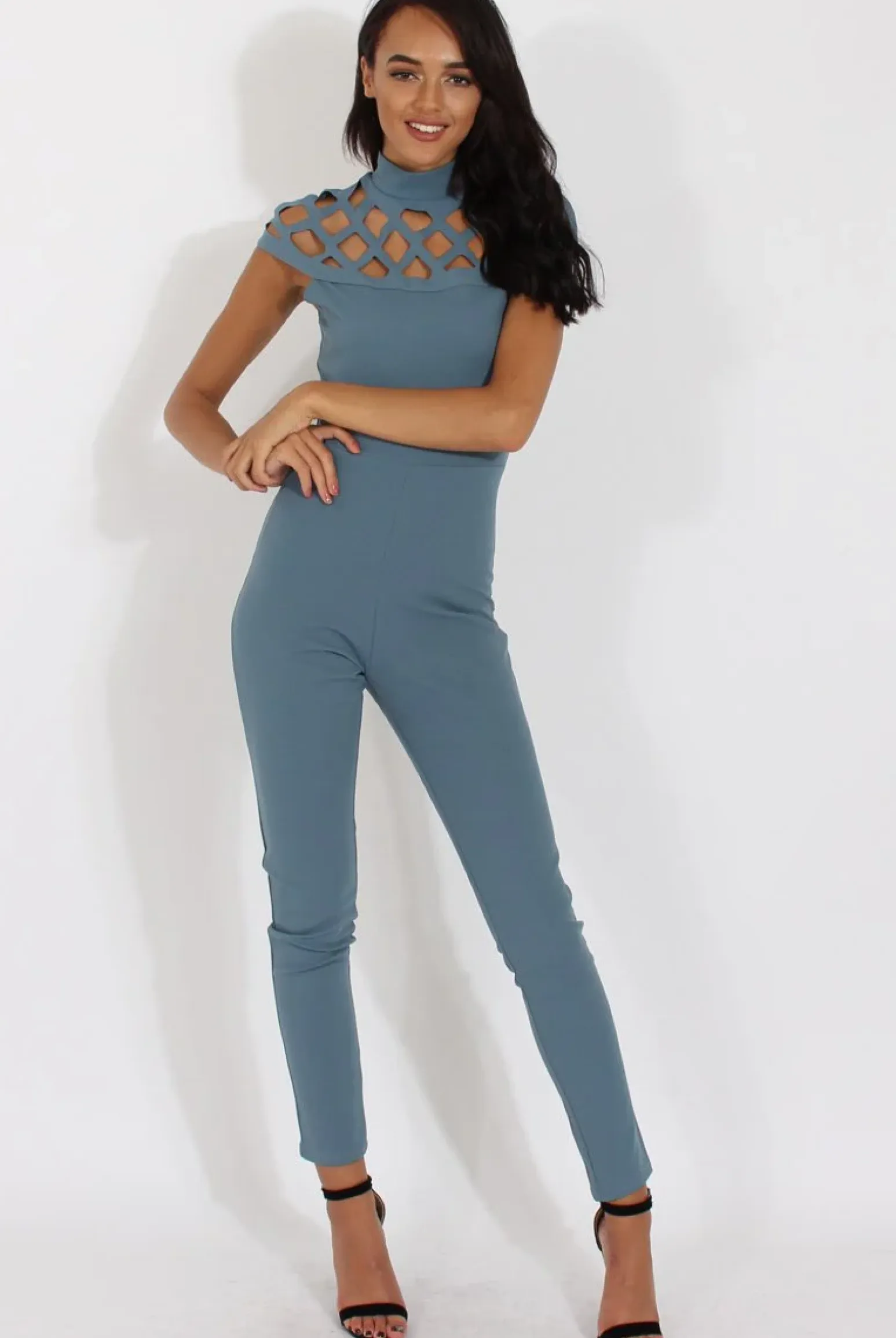 Rebellious Fashion Blue Cage Detail Jumpsuit - Aurelia