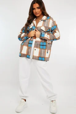 Rebellious Fashion Blue Camel Check Pocket Front Shacket - Misa