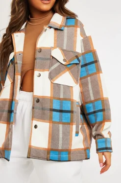 Rebellious Fashion Blue Camel Check Pocket Front Shacket - Misa