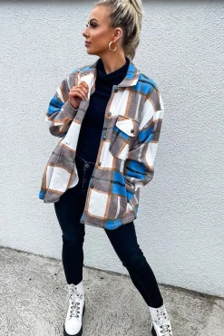 Rebellious Fashion Blue Camel Check Pocket Front Shacket - Misa